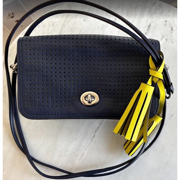 COACH Legacy Penny Perforated Leather Crossbody Bag Navy Blue Citrine